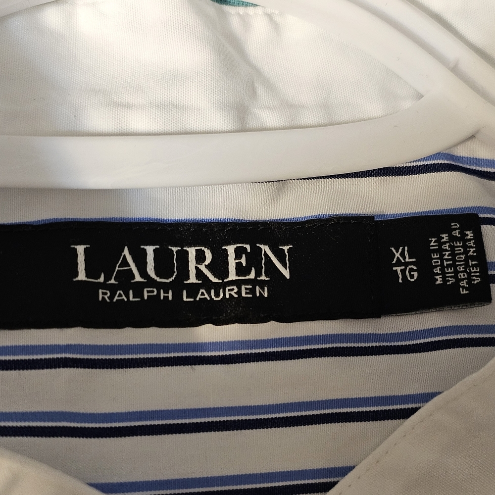 Lauren Ralph Lauren Striped Bib-Front Tuxedo Shirt XL Blue White Band Collar - Picture 6 of 9